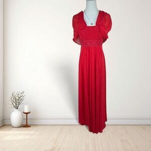 Y2K David's Bridal red chiffon maxi dress beaded empire waist shawl formal